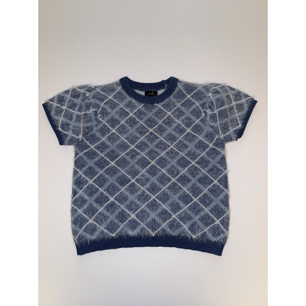 OnTwelfth Women Large Shirt Blue Argyle Pearl Beaded Fuzzy Cozy Soft Top NEW
